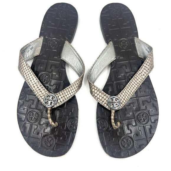Tory Burch Thora Gray Leather Flat Thong Sandals Women's 9 M - Picture 1 of 5